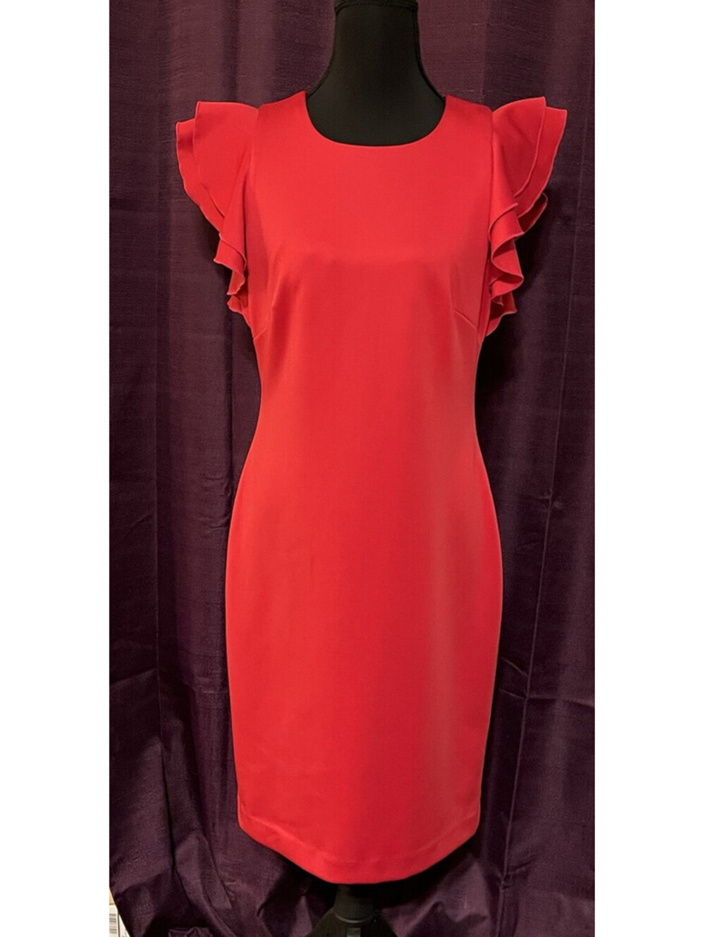 Tommy Hilfiger Red Sheath Dress Ruffle Cap Sleeve Crew Neck Size 6 Logo